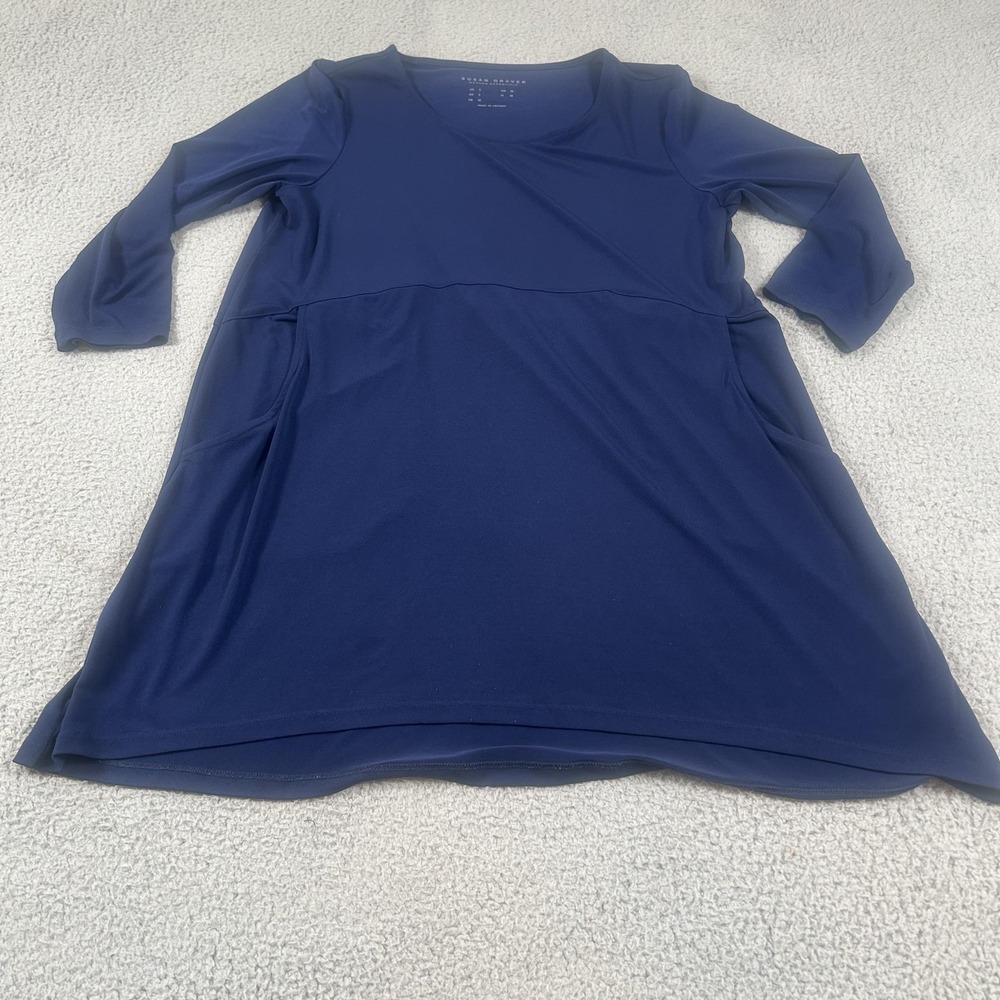 Susan Graver Dress Womens Small Blue Swing Trapeze 3/4 Sleeve Scoop Neck Pockets